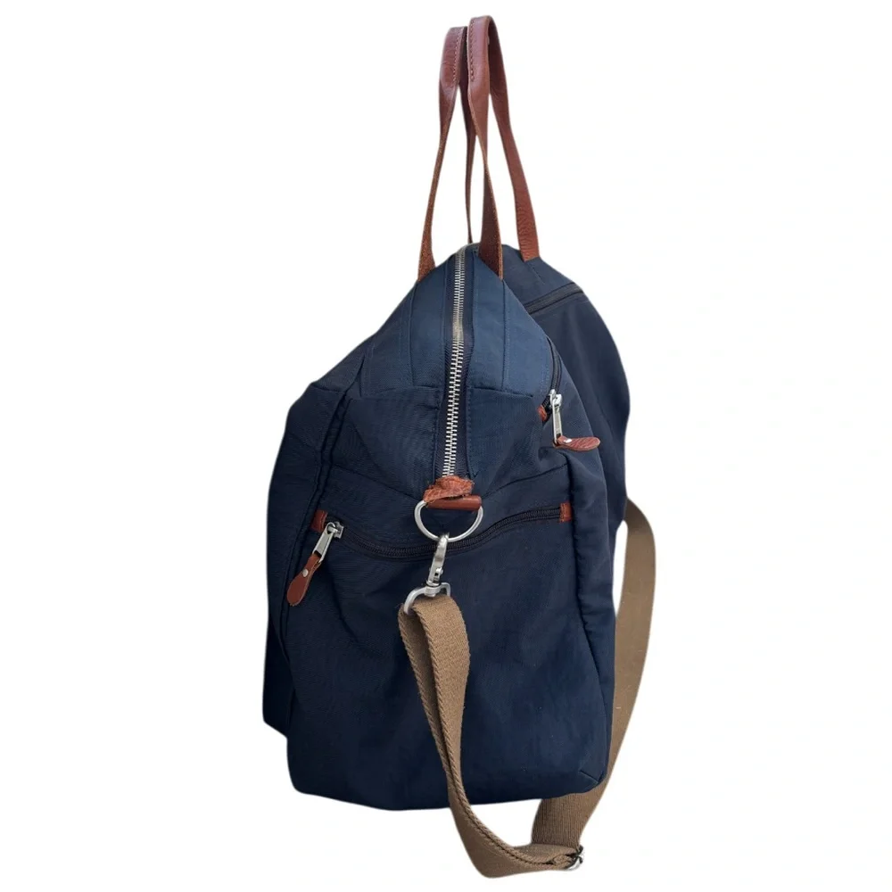 J Crew Duffle Bag Harwick Overnight Bag Weekend Travel Leather Fabric Navy Brown